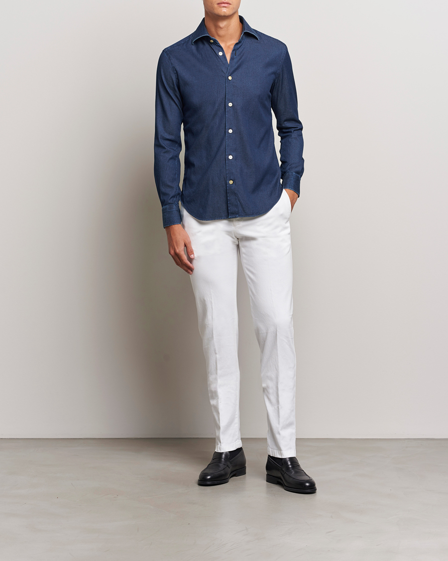 Herren | Hemden | Kiton | Stretch Denim Cut Away Shirt Blue Indigo
