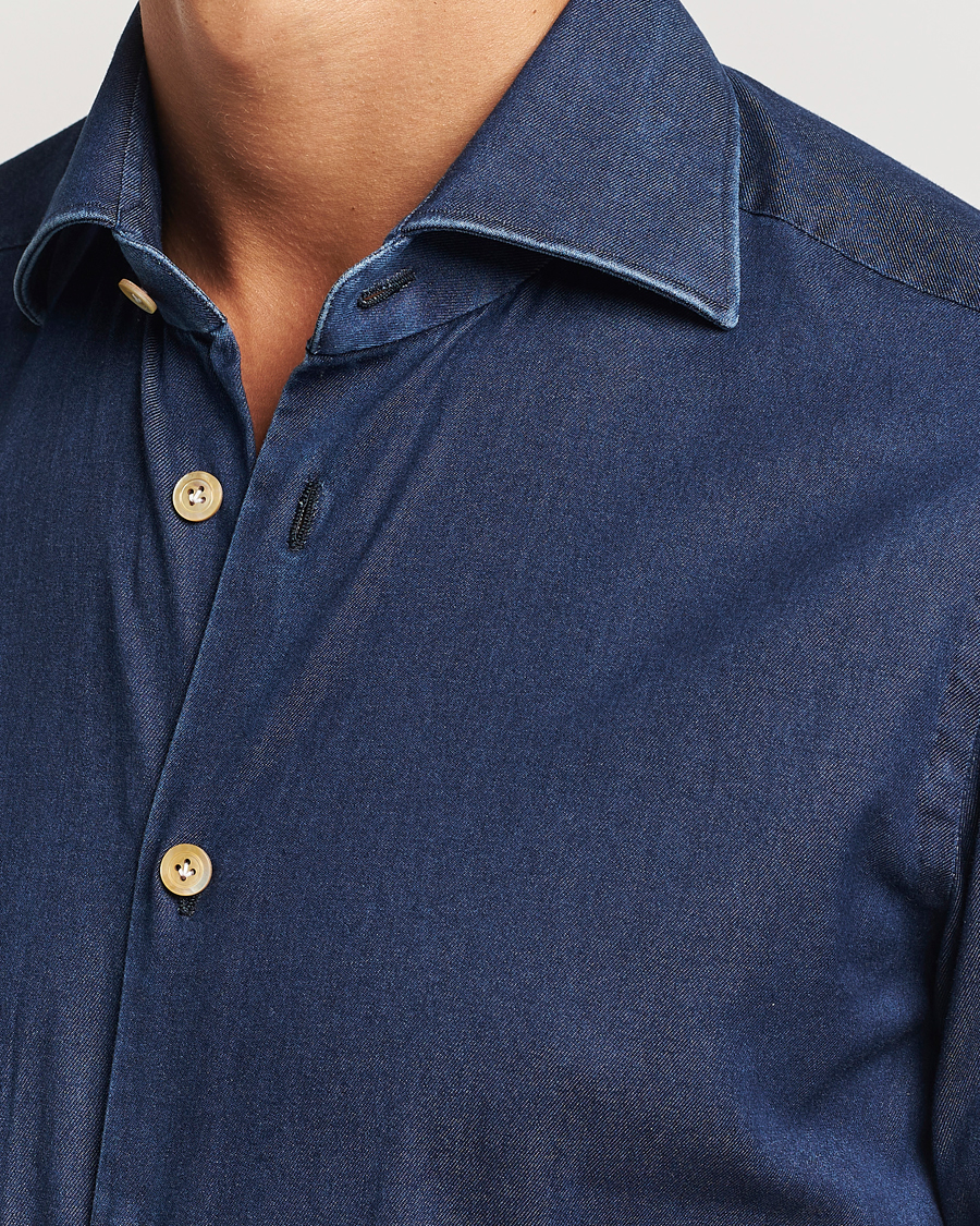 Herren | Hemden | Kiton | Stretch Denim Cut Away Shirt Blue Indigo