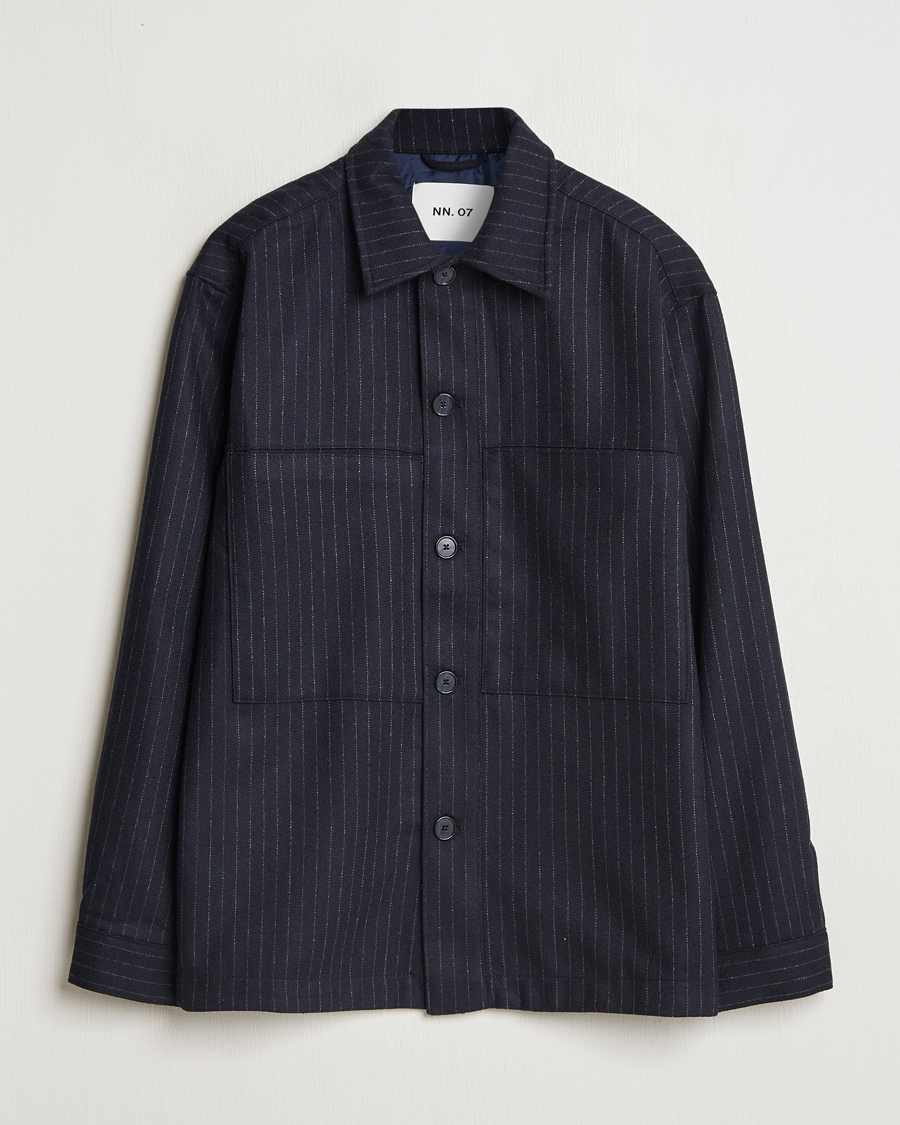 Herren | Hemden | NN07 | Isak Wool Overshirt Navy Blue Pinstripe
