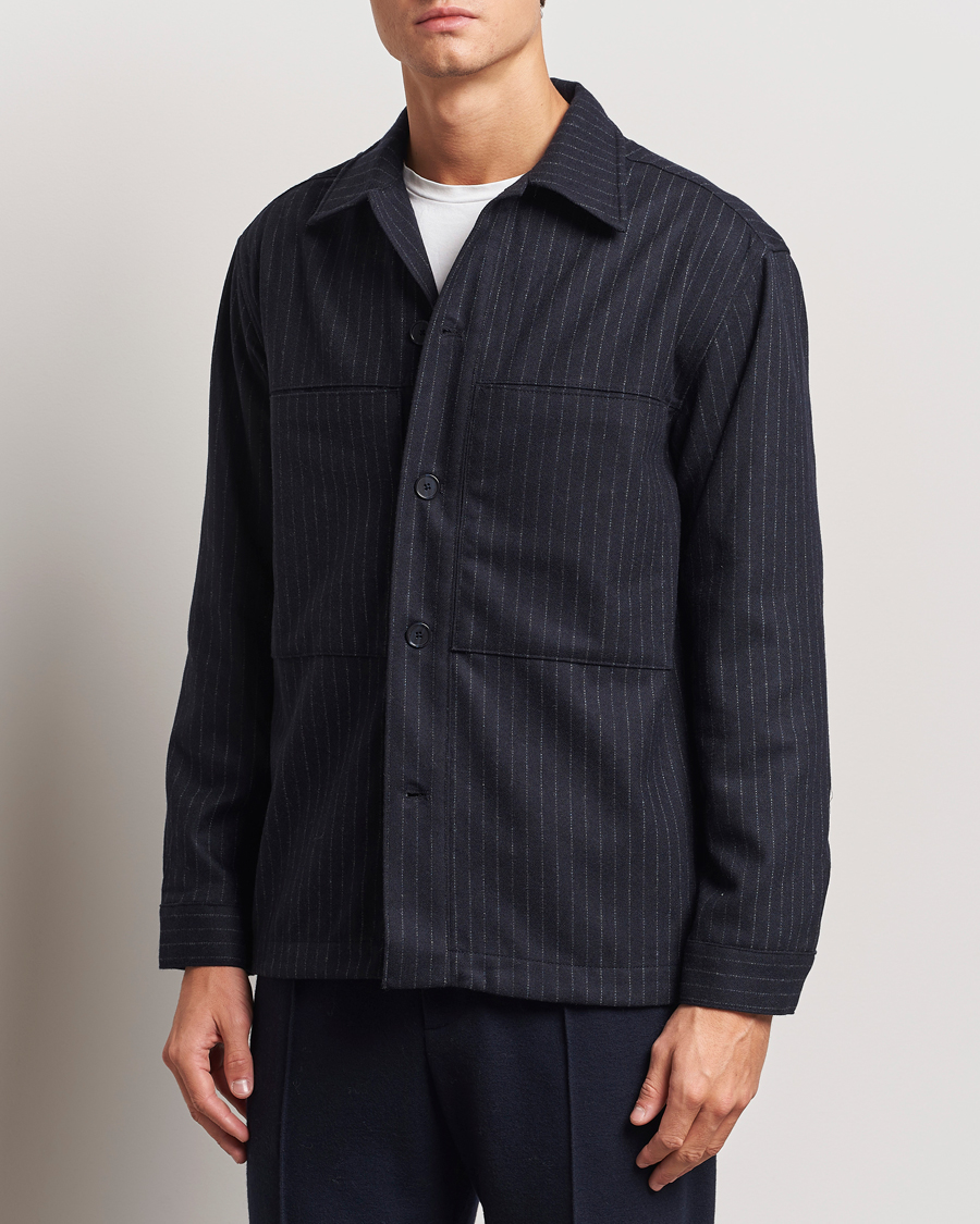 Herren | Hemden | NN07 | Isak Wool Overshirt Navy Blue Pinstripe