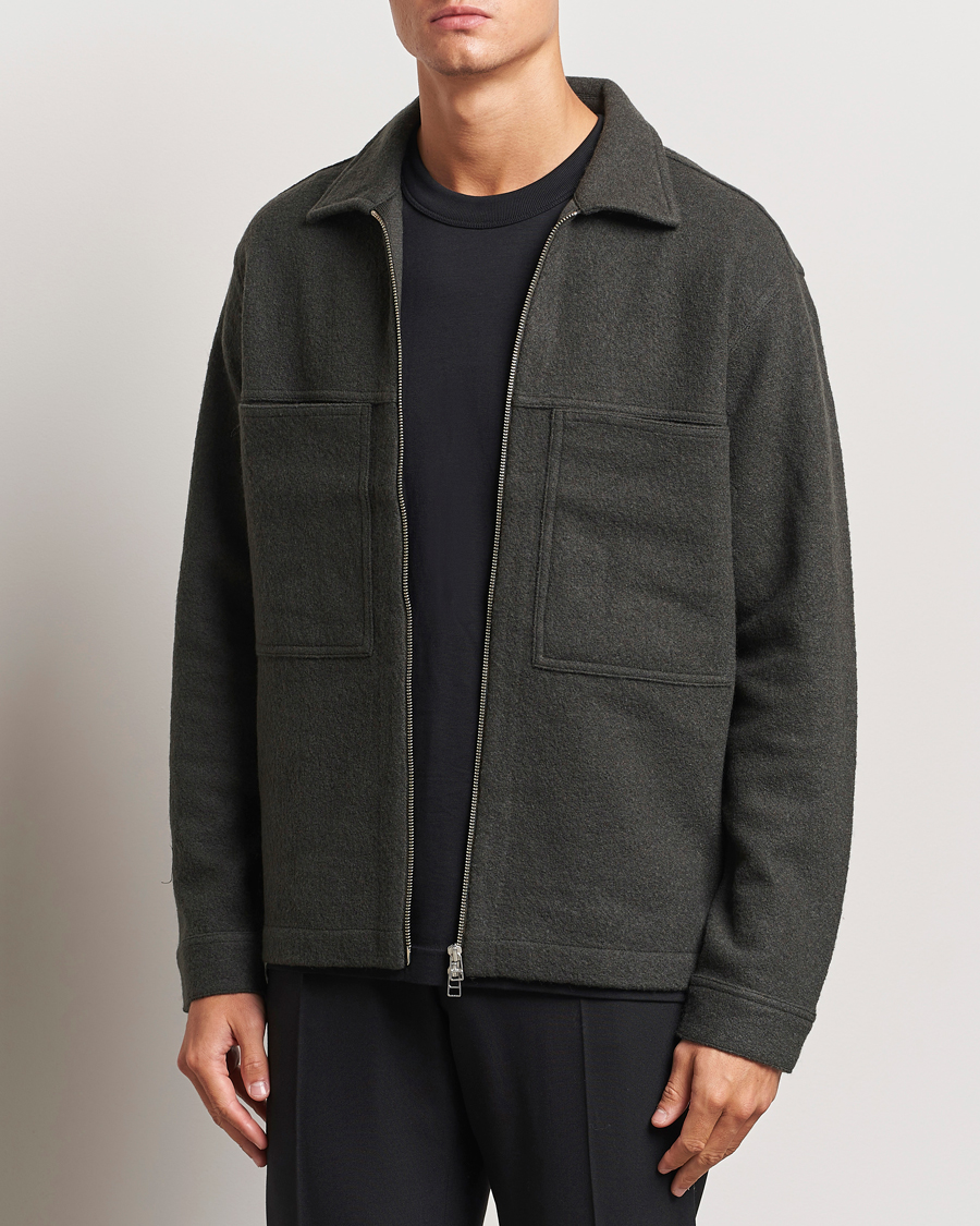 Herren | Pullover | NN07 | Isak Boiled Wool Full Zip Dark Army