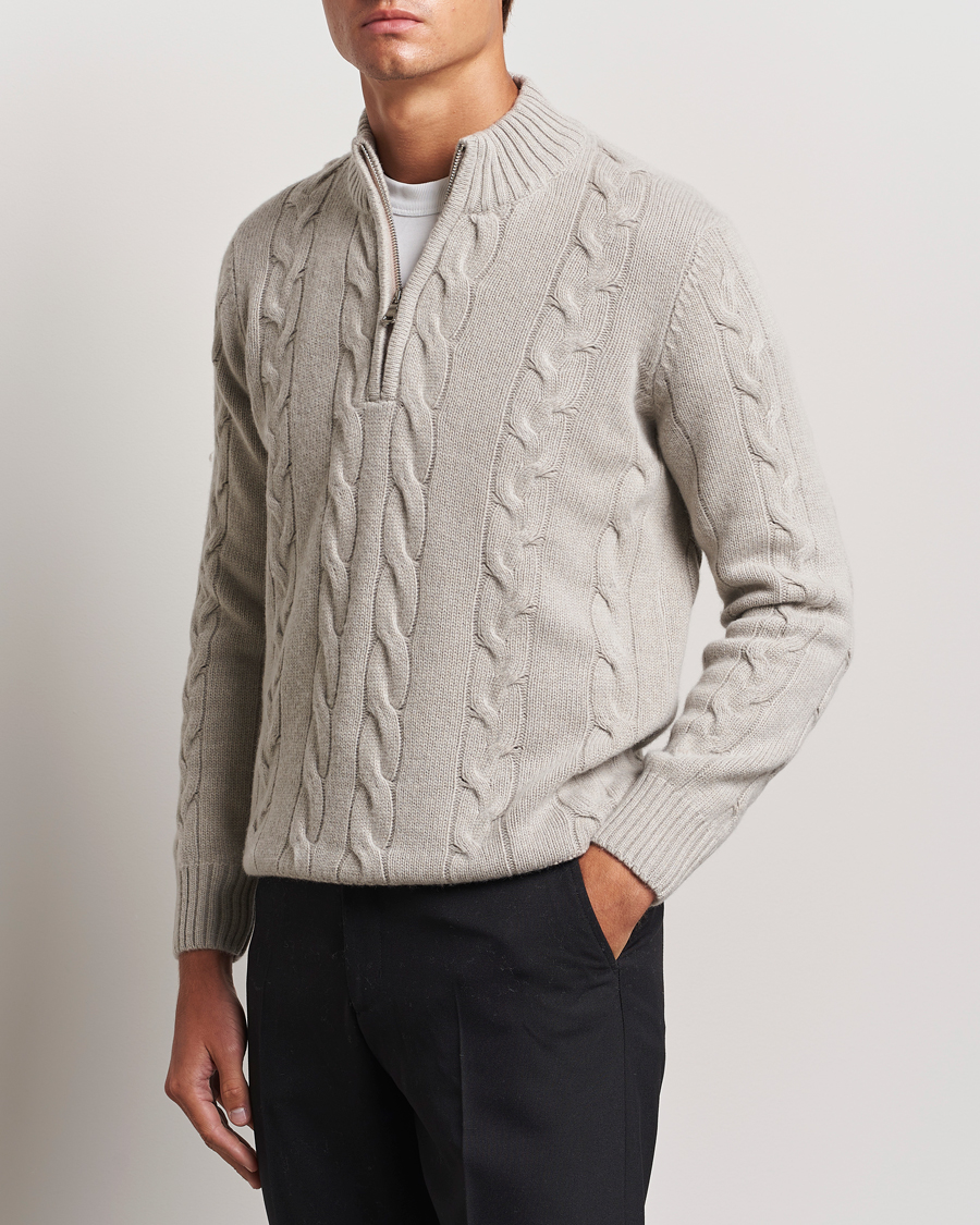 Herren | Pullover | Oscar Jacobson | Reine Heavy Cable Knitted Half Zip Beige