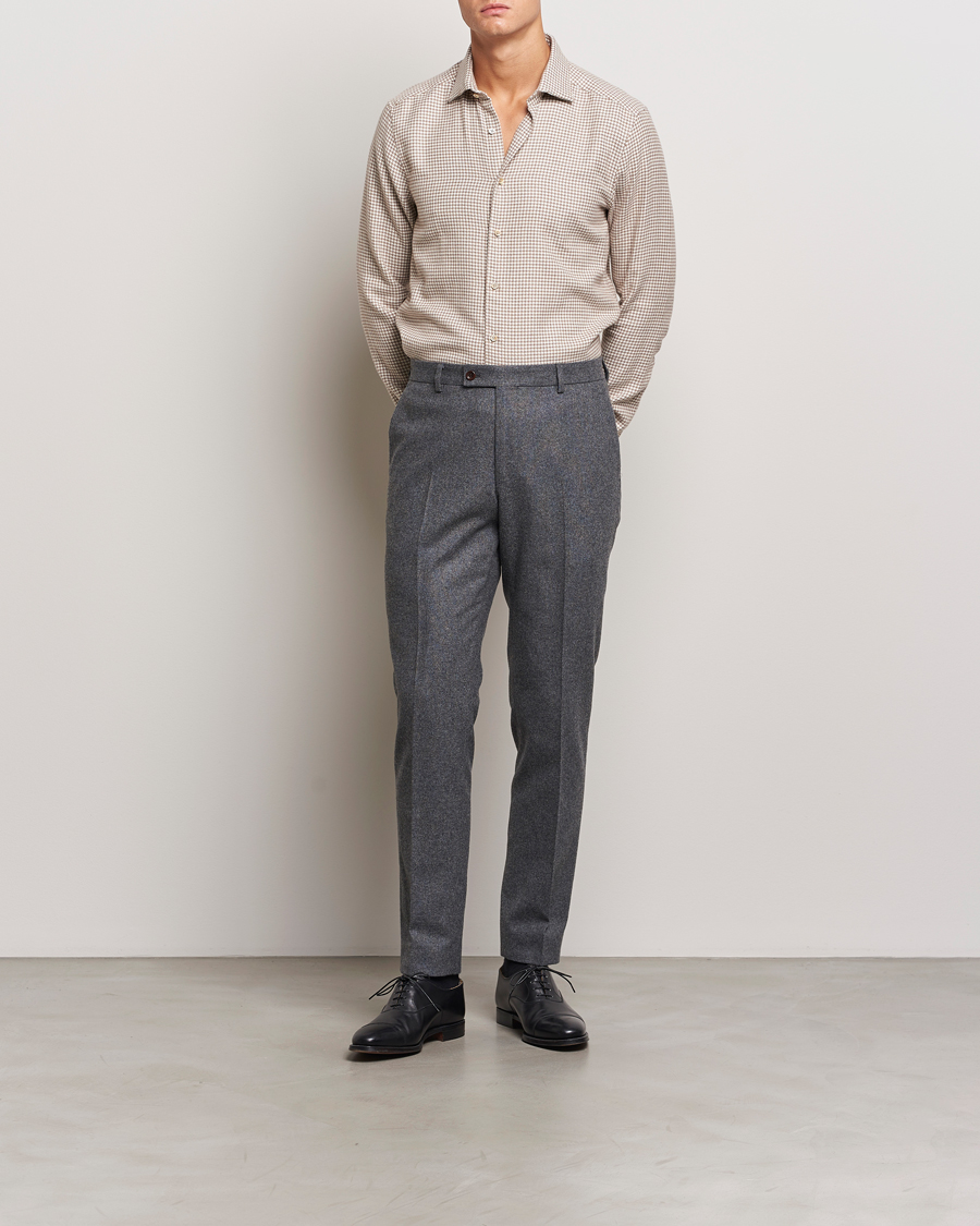 Herren | Hemden | Stenströms | Slimline Flannel Houndstooth Shirt Light Brown