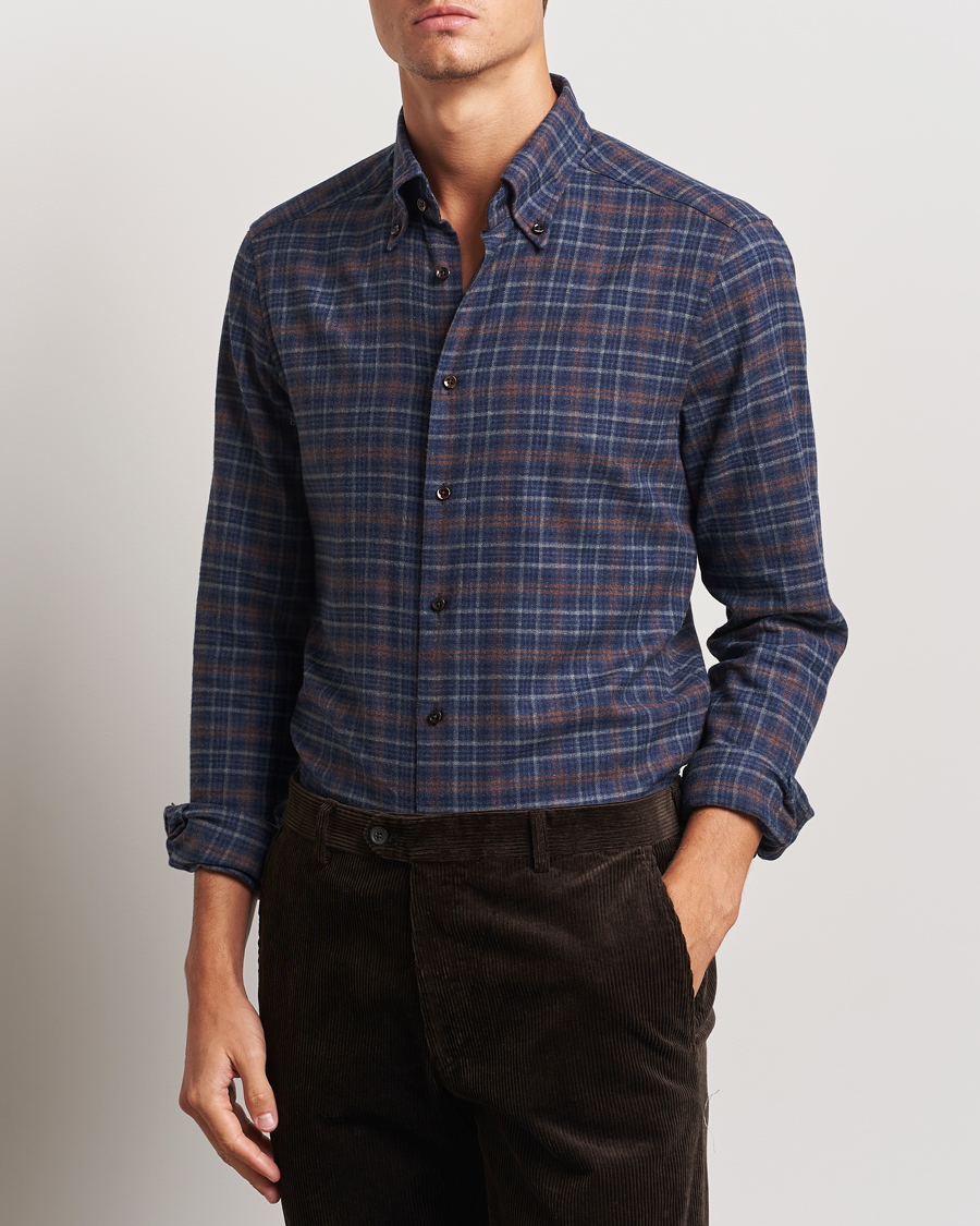 Herren | Hemden | Stenströms | Slimline Small Check Flannel Shirt Dark Blue
