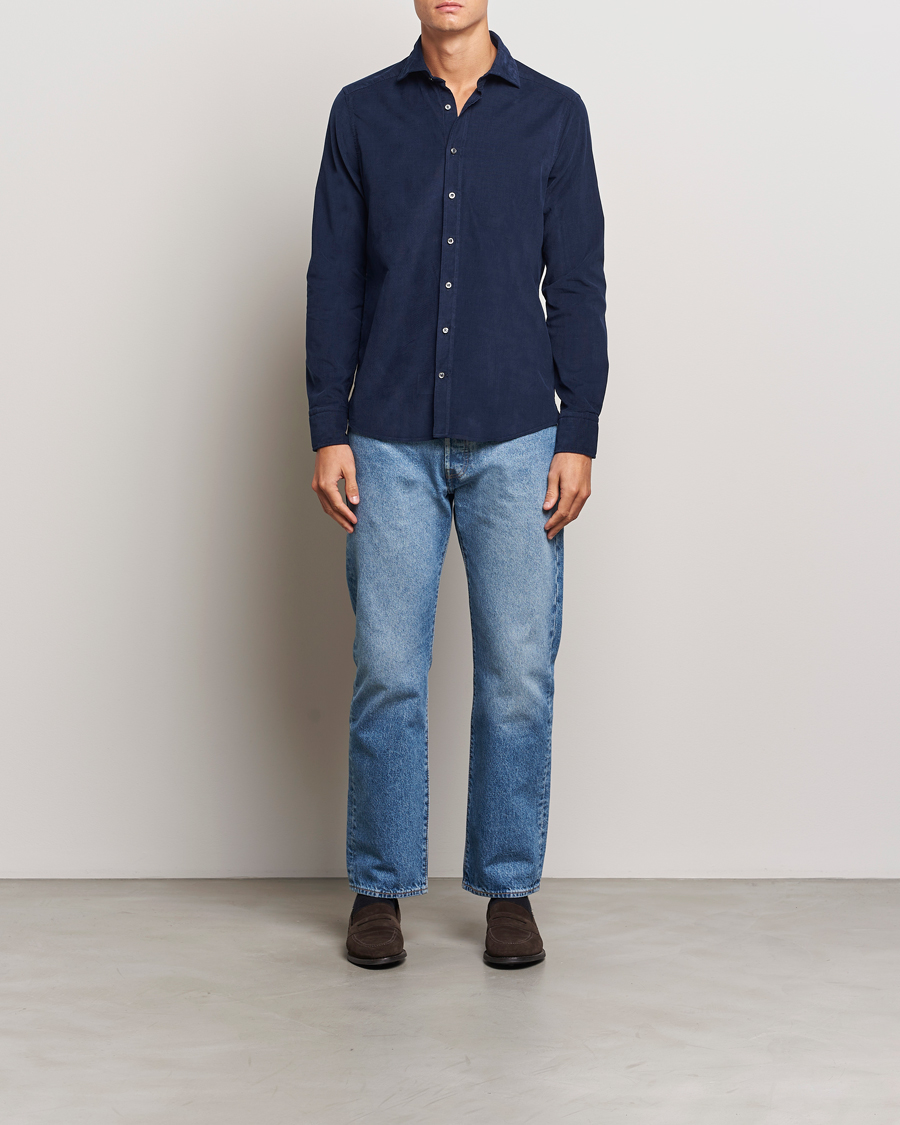 Herren | Hemden | Stenströms | Slimline Cut Away Cord Shirt Blue