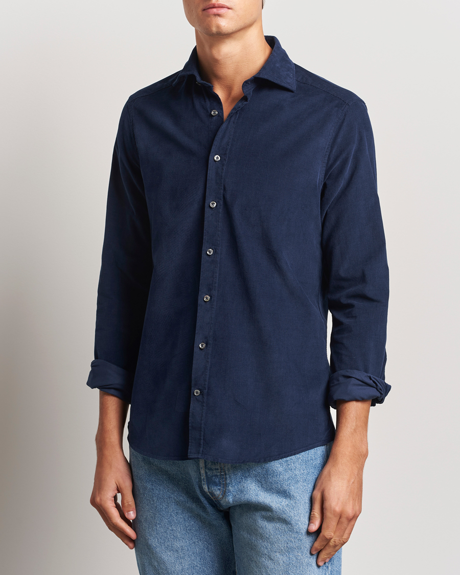 Herren | Hemden | Stenströms | Slimline Cut Away Cord Shirt Blue