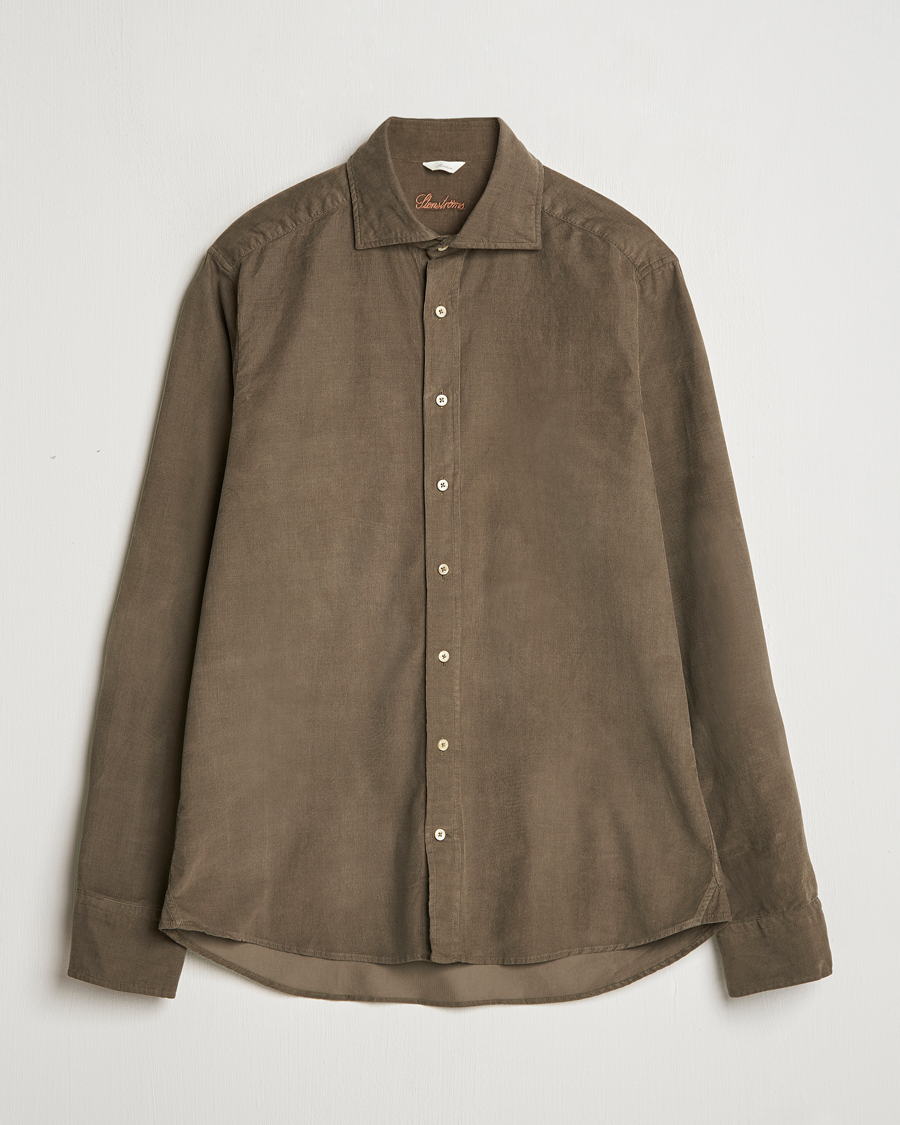 Herren | Hemden | Stenströms | Slimline Cut Away Cord Shirt Dark Green
