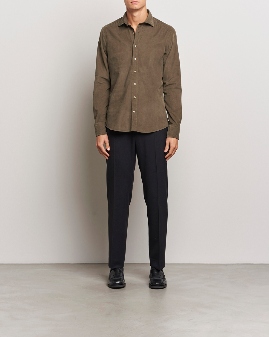 Herren | Hemden | Stenströms | Slimline Cut Away Cord Shirt Dark Green