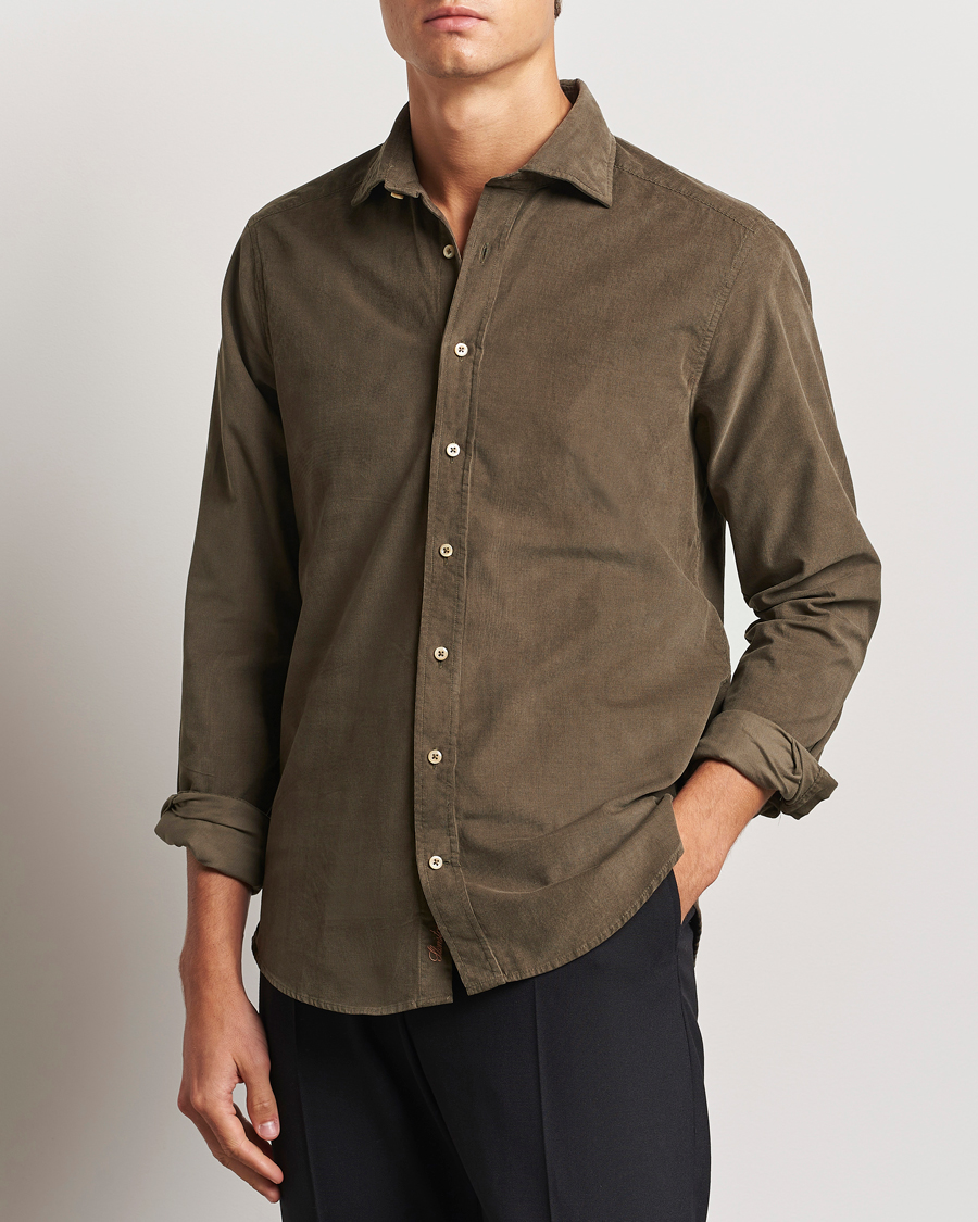 Herren | Hemden | Stenströms | Slimline Cut Away Cord Shirt Dark Green
