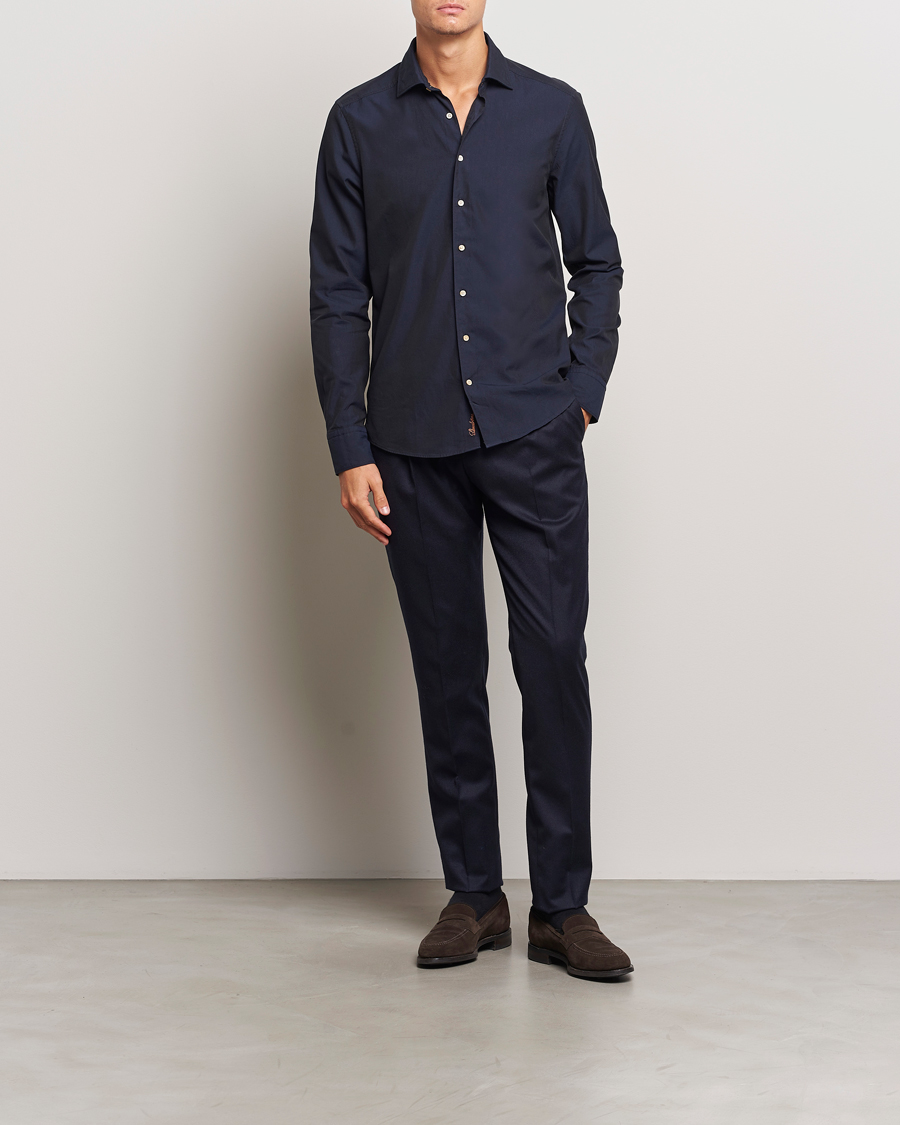 Herren | Hemden | Stenströms | Slimline Cut Away Washed Twill Shirt Navy