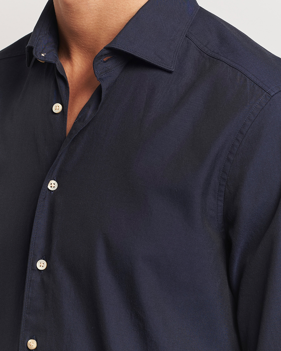 Herren | Hemden | Stenströms | Slimline Cut Away Washed Twill Shirt Navy