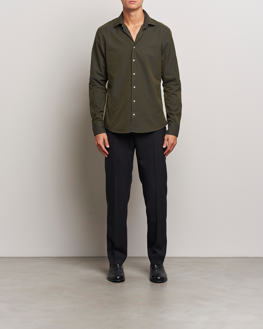 Herren | Hemden | Stenströms | Slimline Cut Away Washed Twill Shirt Dark Green