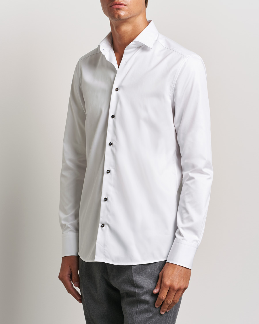 Herren | Hemden | Stenströms | Slimline Cut Away Contrast Button Shirt White/Brown