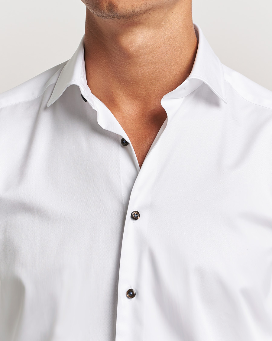 Herren | Hemden | Stenströms | Slimline Cut Away Contrast Button Shirt White/Brown
