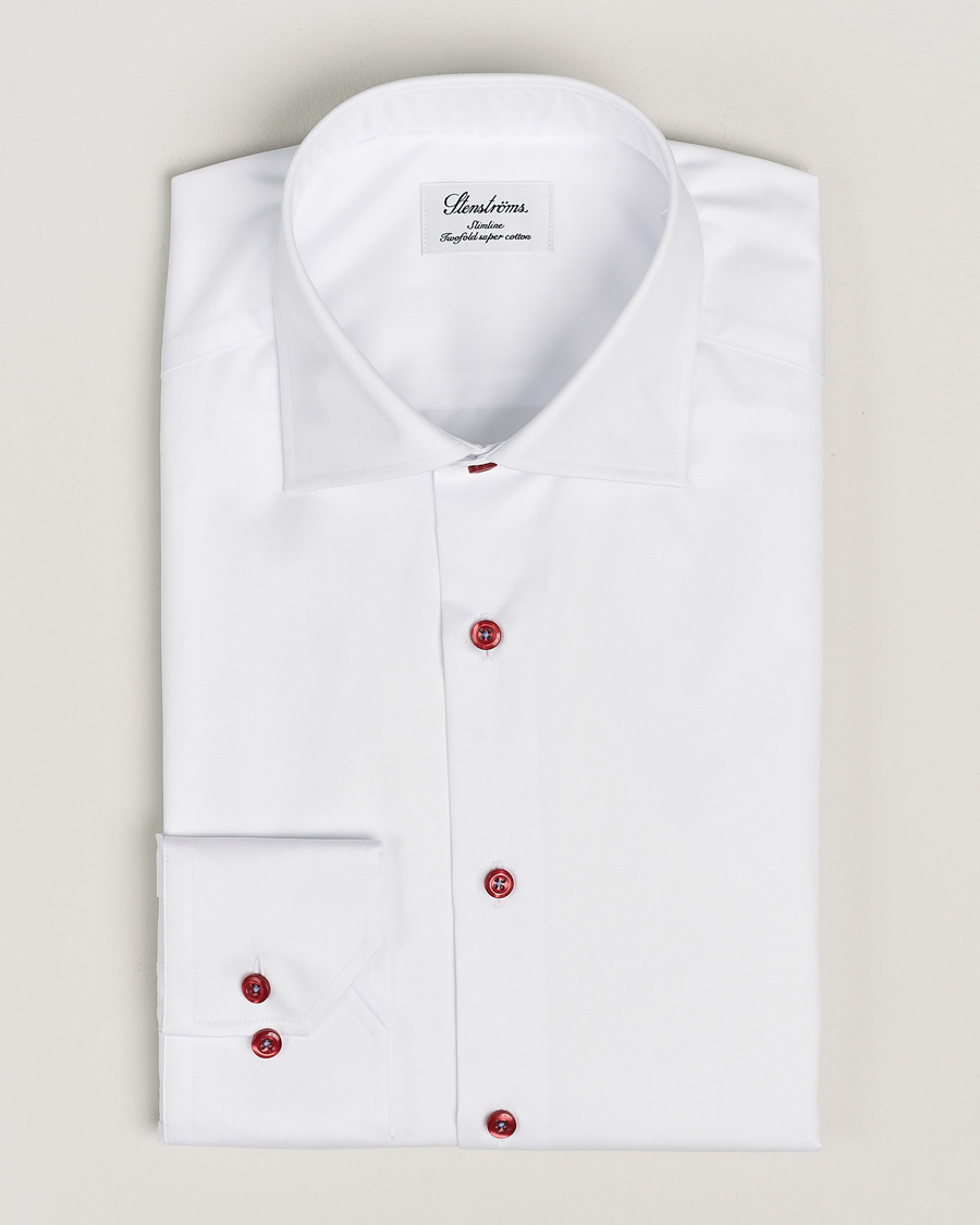 Herren | Hemden | Stenströms | Slimline Cut Away Contrast Button Shirt White/Red