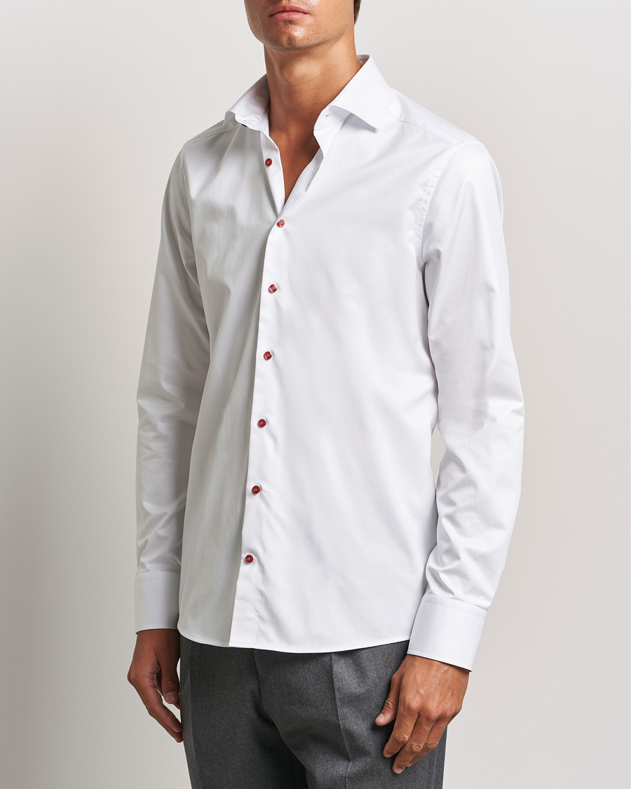 Herren | Hemden | Stenströms | Slimline Cut Away Contrast Button Shirt White/Red