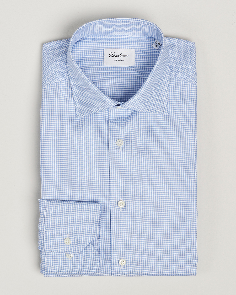 Herren | Hemden | Stenströms | Slimline Houndstooth Cut Away Shirt Light Blue