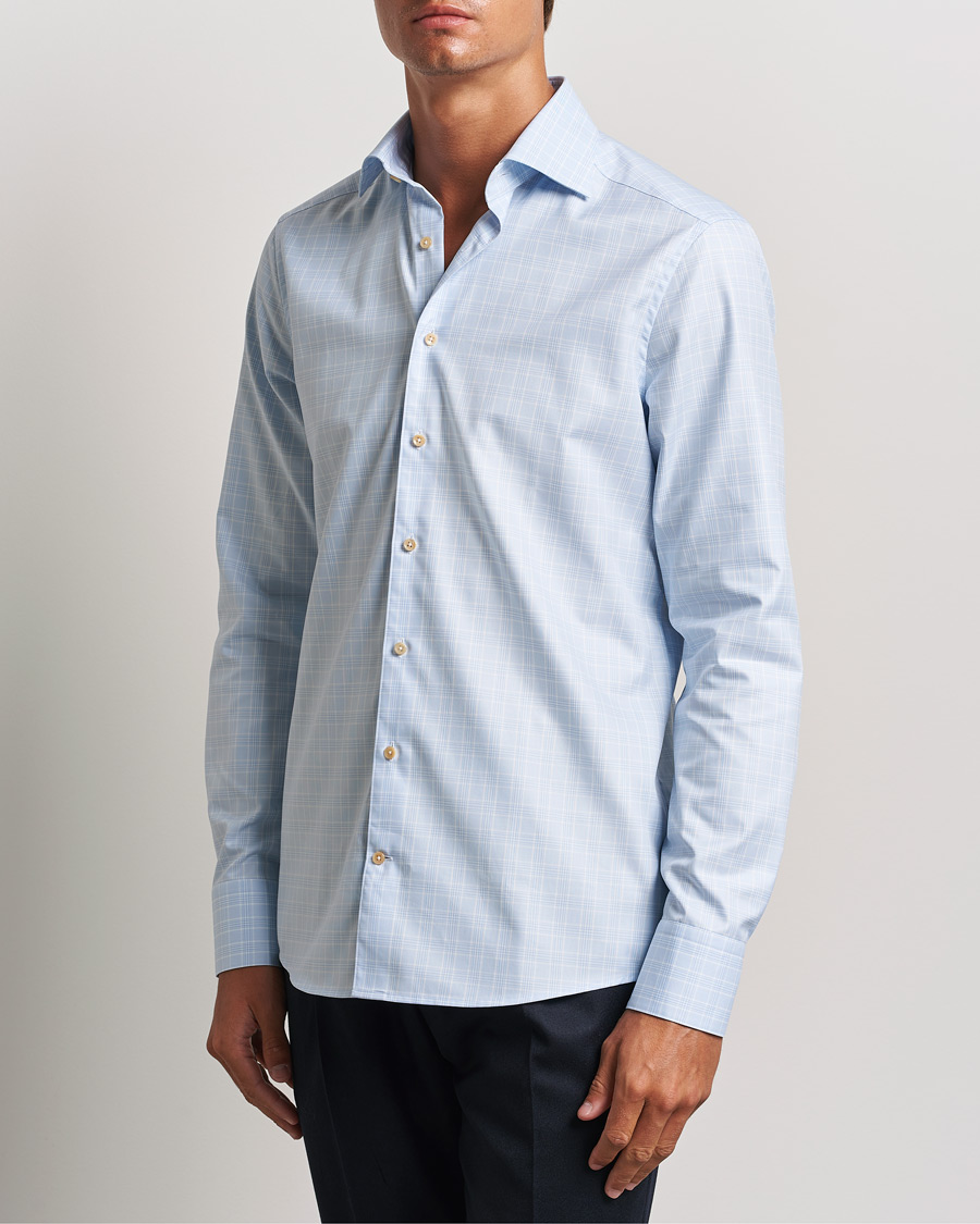 Herren | Hemden | Stenströms | Slimline Checked Twill Cut Away Shirt Light Blue