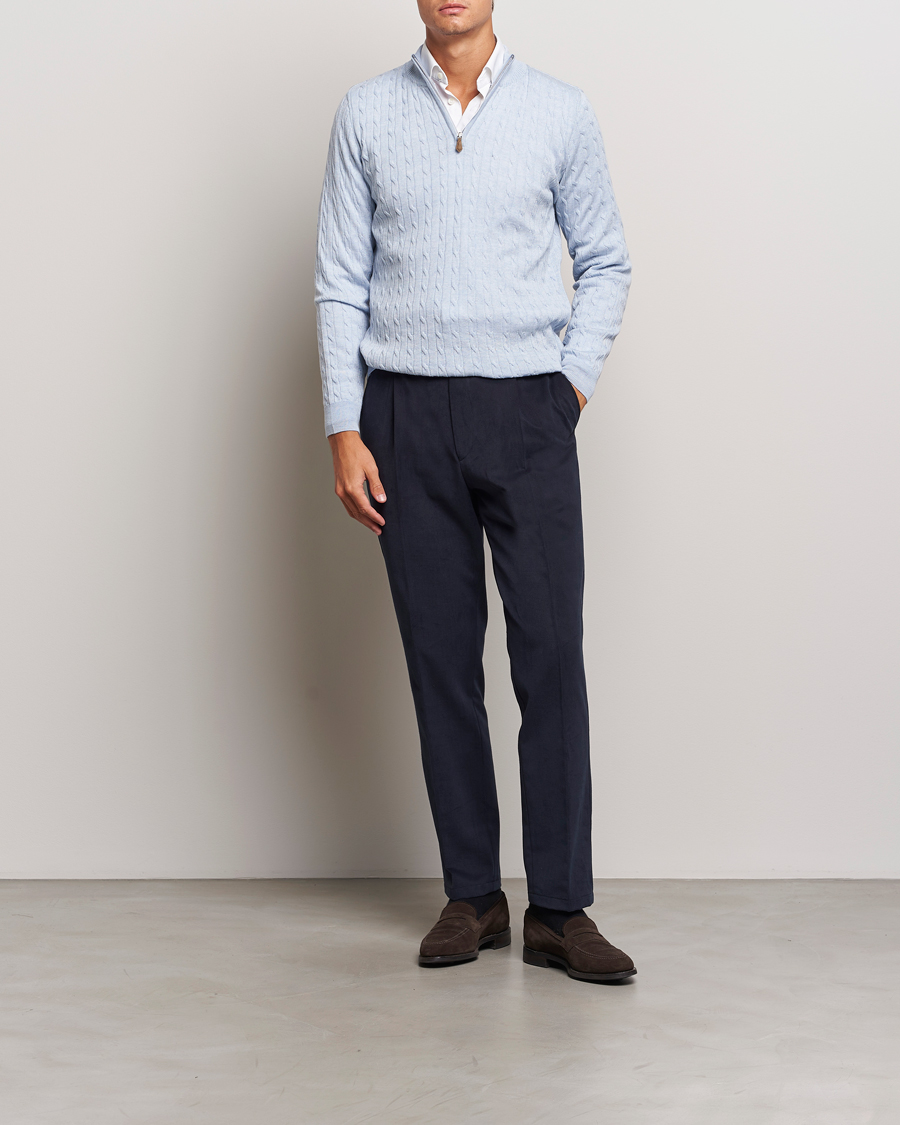 Herren | Pullover | Stenströms | Merino Cable Half Zip Light Blue