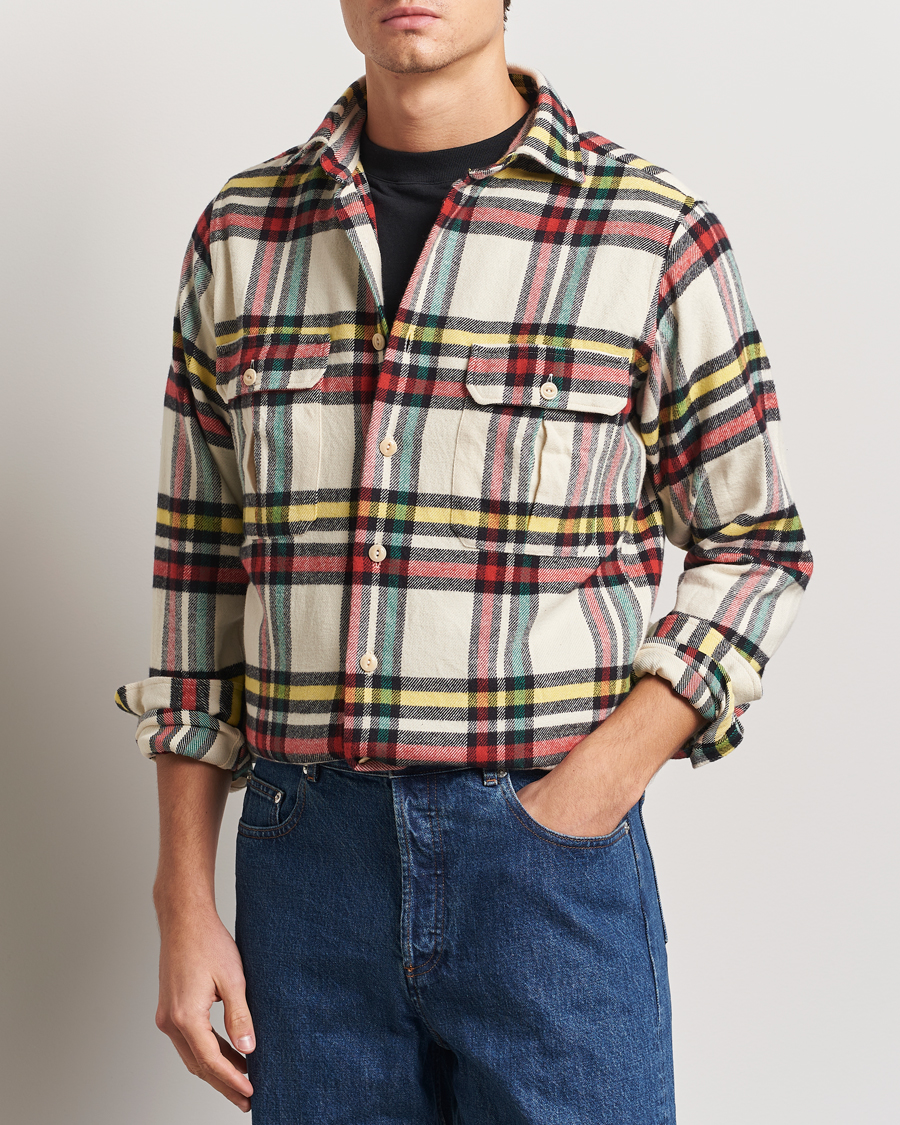 Herren | Hemden | Drake's | Brushed Cotton Work Shirt Ecru/Red/Green