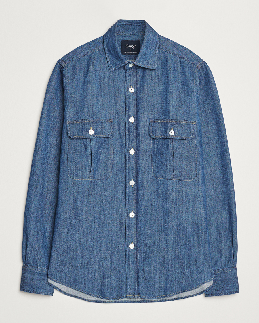 Herren | Hemden | Drake's | Denim Cotton Two Pocket Work Shirt Blue