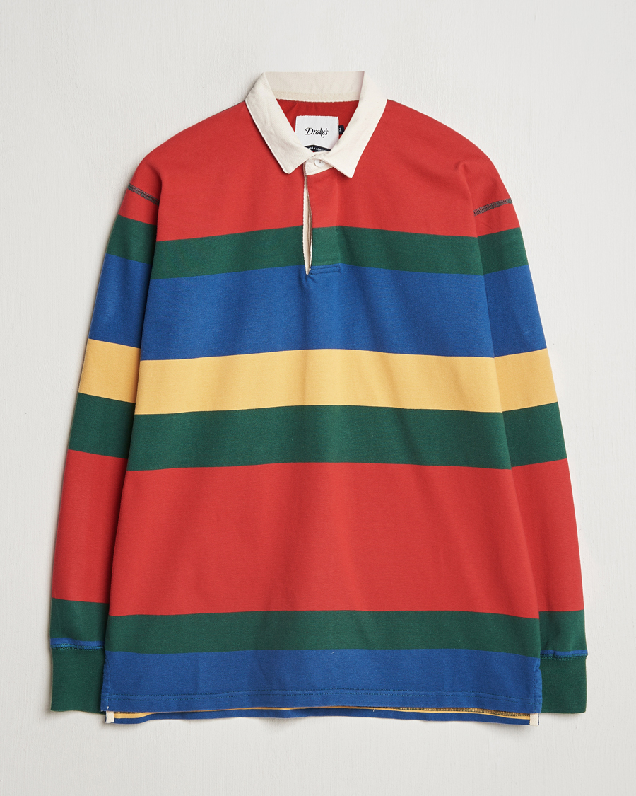 Herren | Pullover | Drake's | Multi Striped Rugby Shirt Red/Green/Blue