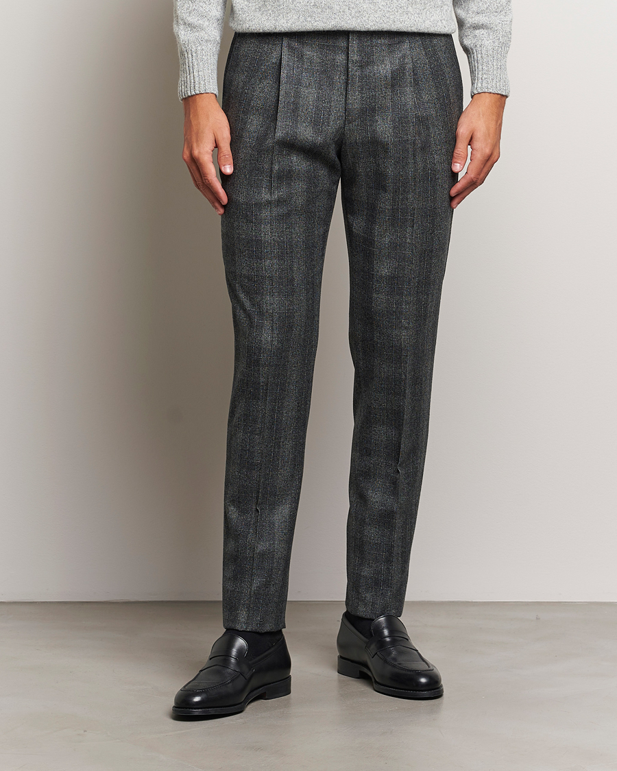 Herren | Hosen | PT01 | Slim Fit Pleated Checked Flannel Trousers Grey