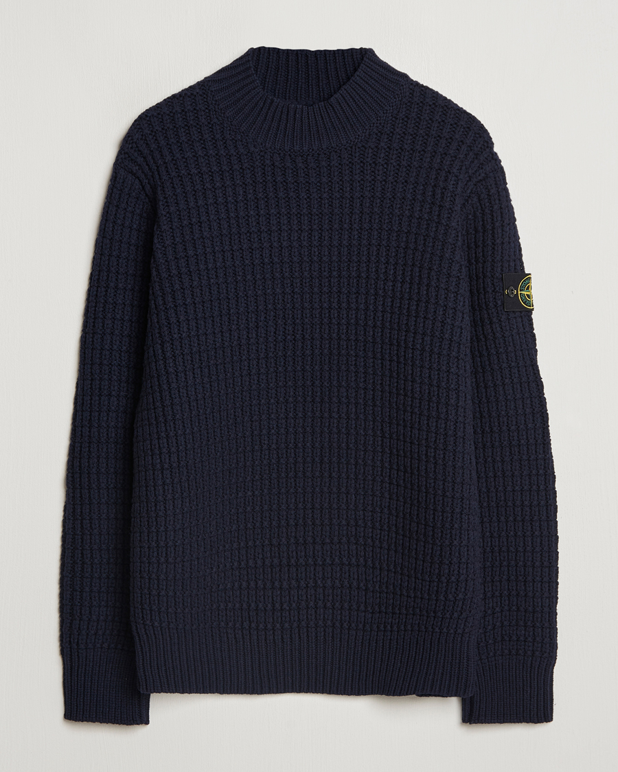 Herren | Pullover | Stone Island | Checkered Rib Stich Wool Mock Neck Navy Blue
