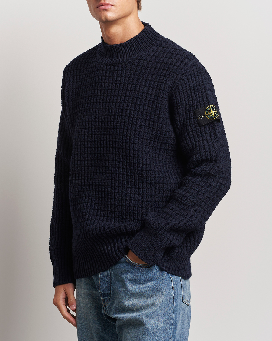 Herren | Pullover | Stone Island | Checkered Rib Stich Wool Mock Neck Navy Blue