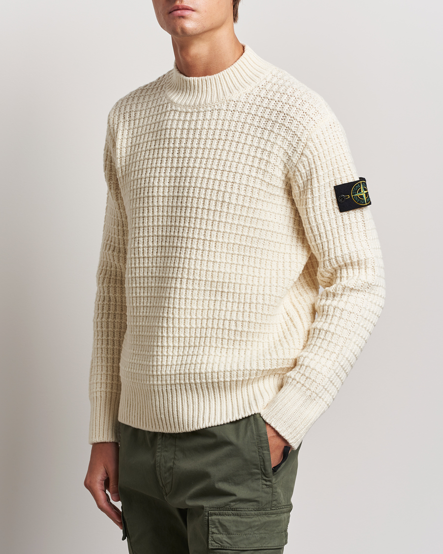 Herren | Pullover | Stone Island | Checkered Rib Stich Wool Mock Neck Natural