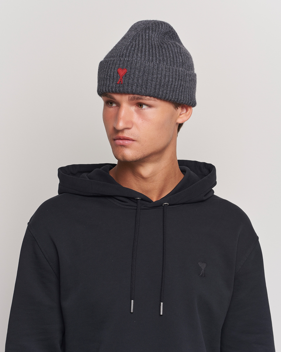 Herren | AMI Heart Logo Beanie Heather Grey | AMI | Heart Logo Beanie Heather Grey