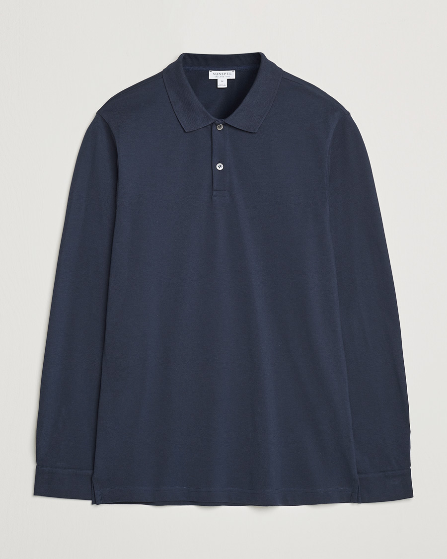 Herren | Pullover | Sunspel | Supima Cotton Long Sleeve Pique Polo Navy