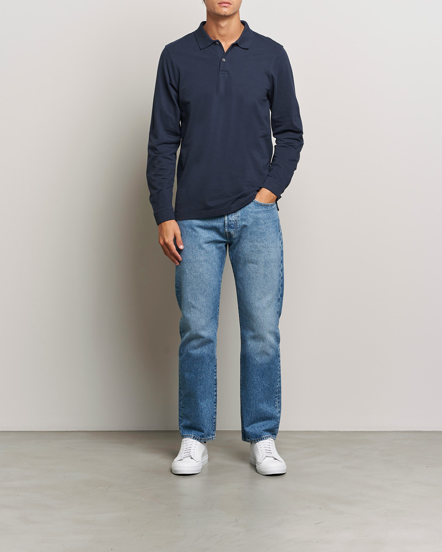 Herren | Pullover | Sunspel | Supima Cotton Long Sleeve Pique Polo Navy