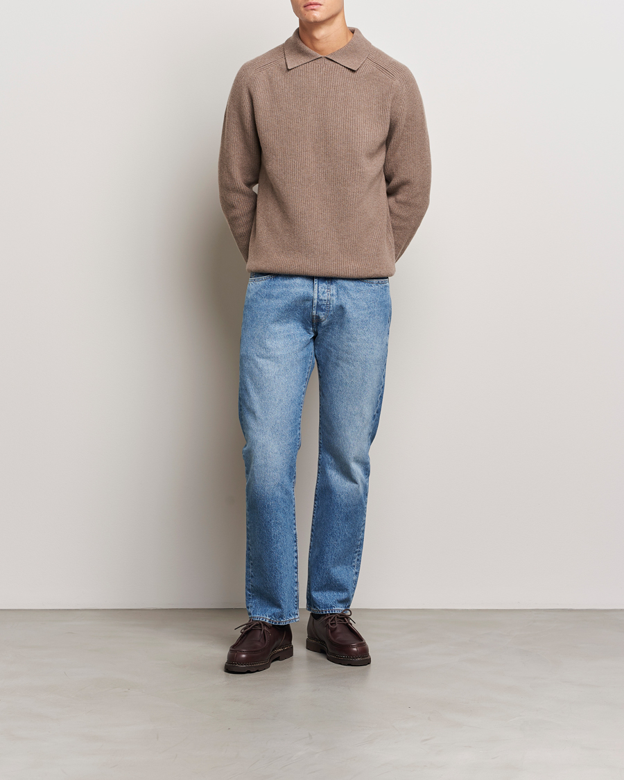 Herren | Pullover | Sunspel | Ribbed Wool/Cashmere Poloneck Sandstone