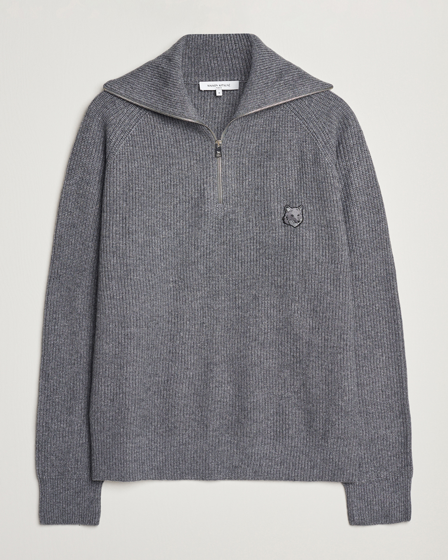 Herren | Pullover | Maison Kitsuné | Bold Fox Rib Knitted Half Zip Medium Grey Melange