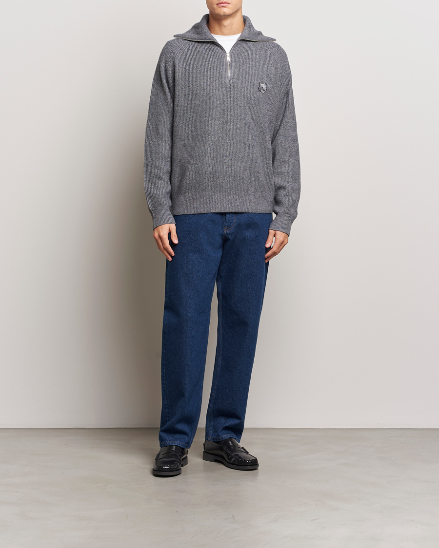 Herren | Pullover | Maison Kitsuné | Bold Fox Rib Knitted Half Zip Medium Grey Melange