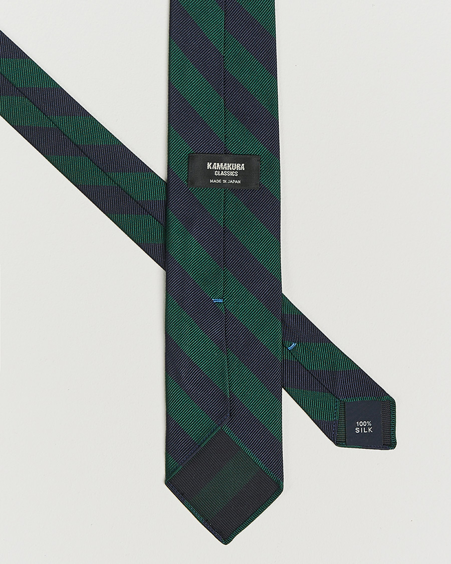 Herren | Kamakura Shirts Vintage Ivy Regimental Stripe Silk Tie Navy/Green | Kamakura Shirts | Vintage Ivy Regimental Stripe Silk Tie Navy/Green