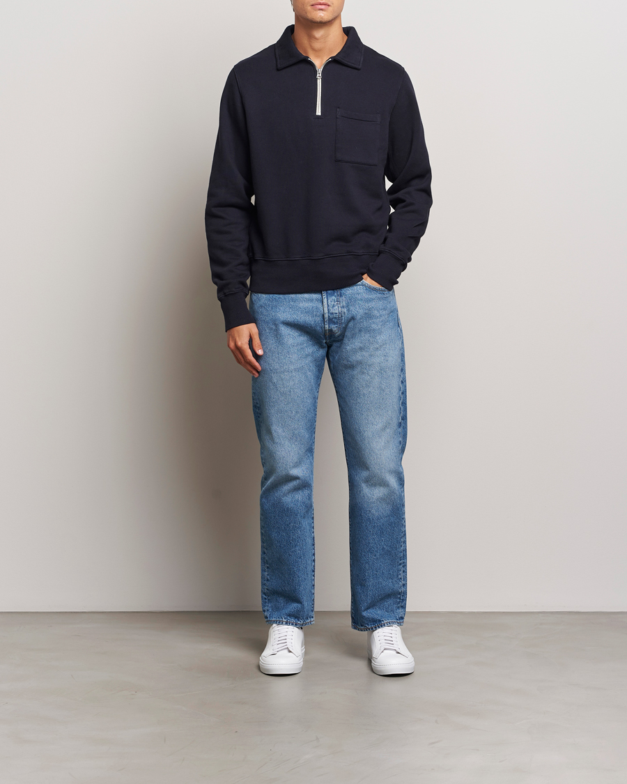 Herren | Pullover | Merz b. Schwanen | Vintage Fleece Half Zip Sweatshirt Dark Navy
