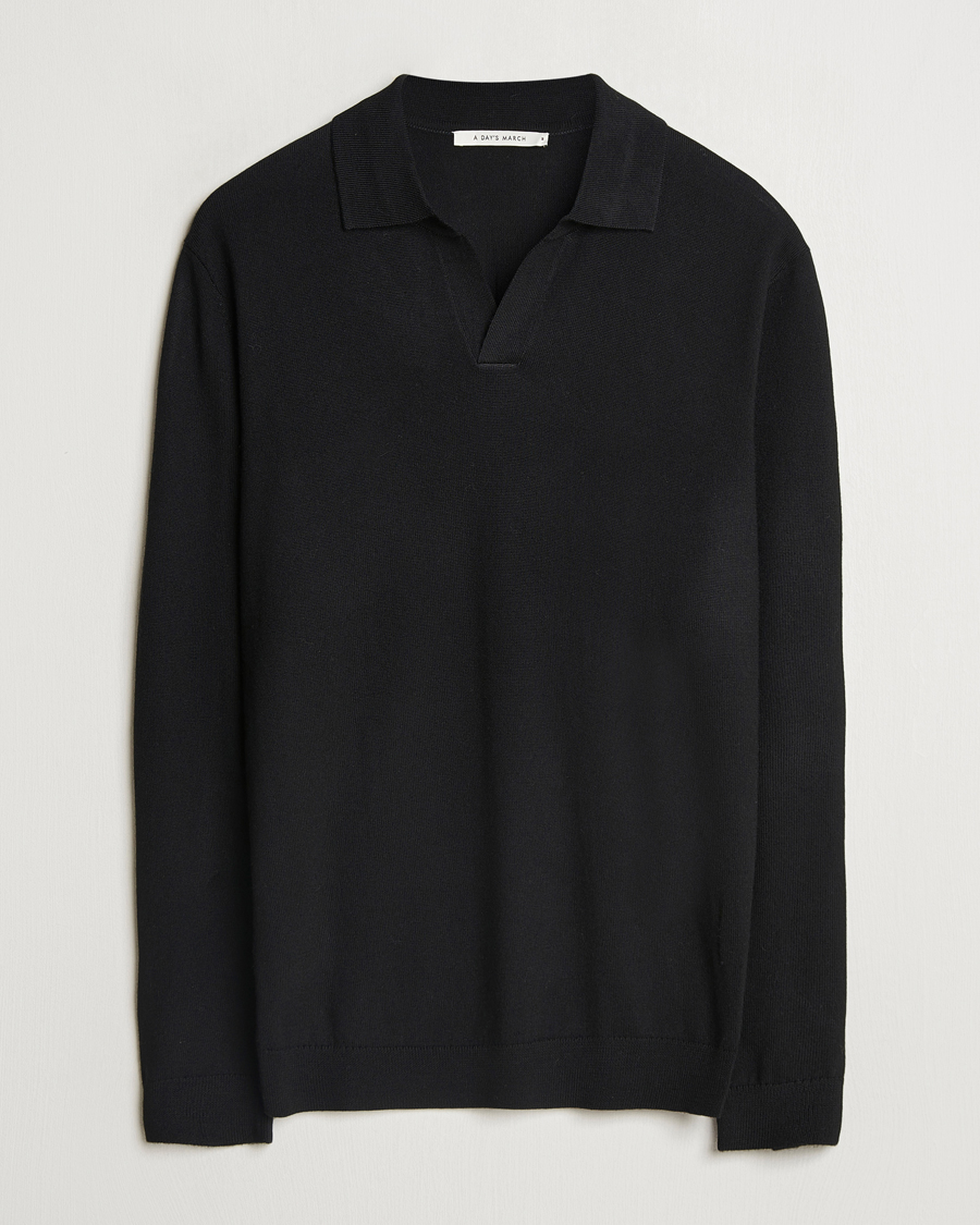 Herren | Pullover | A Day's March | Manol Open Collar Merino Polo Black