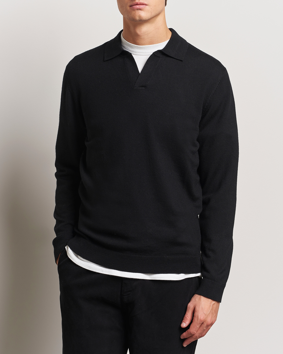 Herren | Pullover | A Day's March | Manol Open Collar Merino Polo Black
