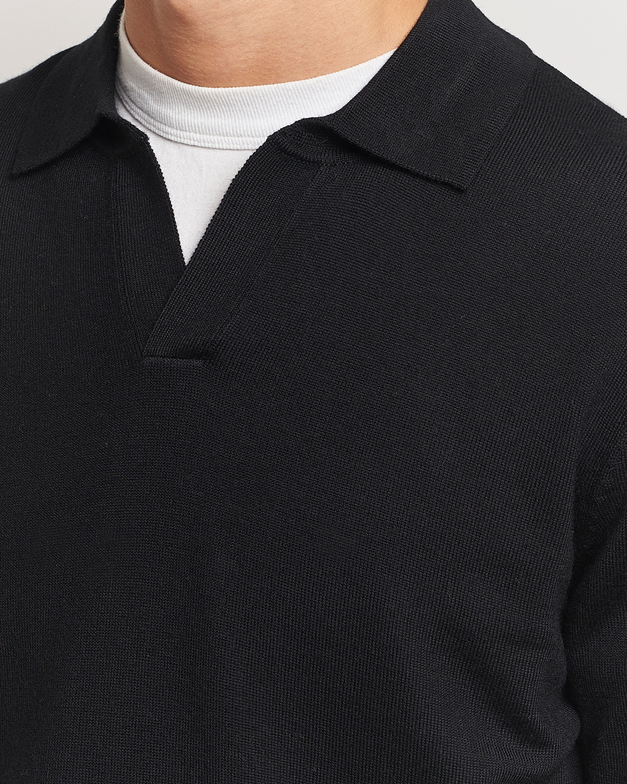 Herren | Pullover | A Day's March | Manol Open Collar Merino Polo Black