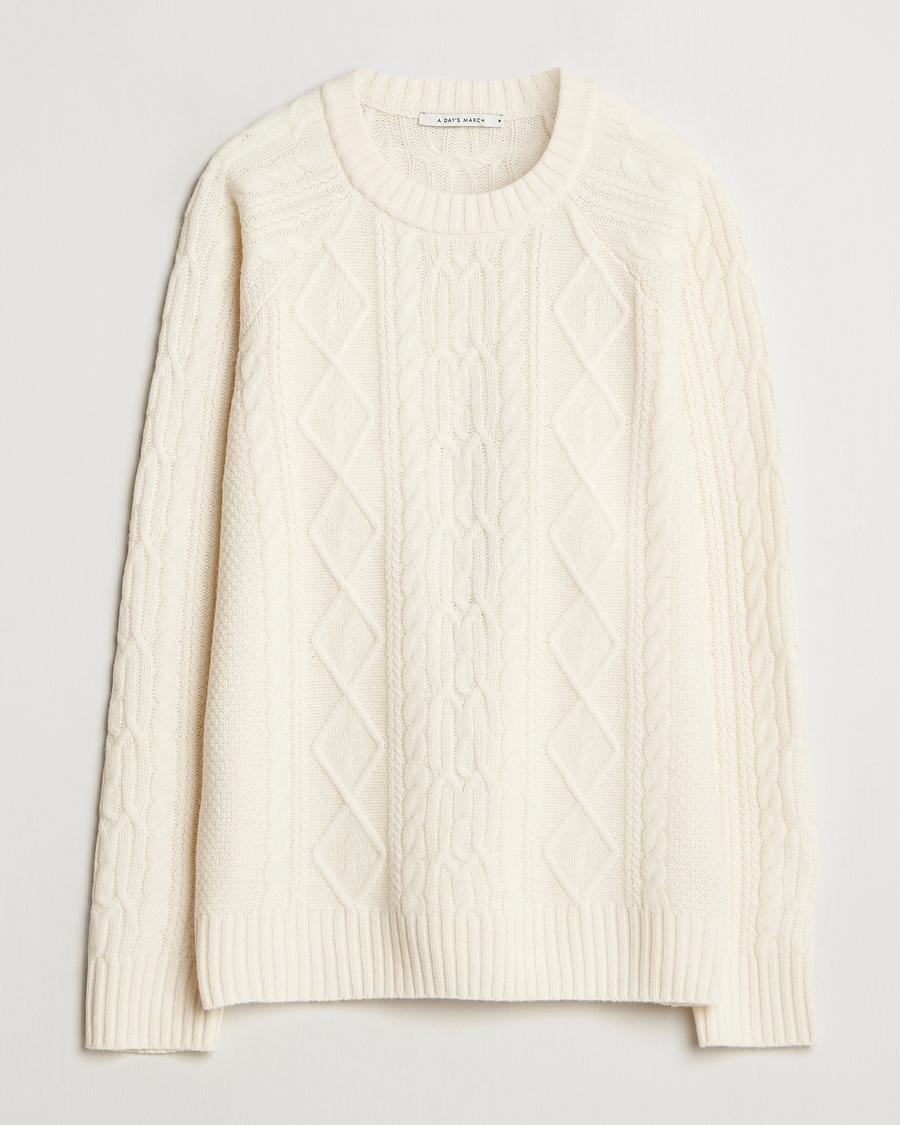 Herren | Pullover | A Day's March | Atlas Aran Knit Lambswool Sweater Off White