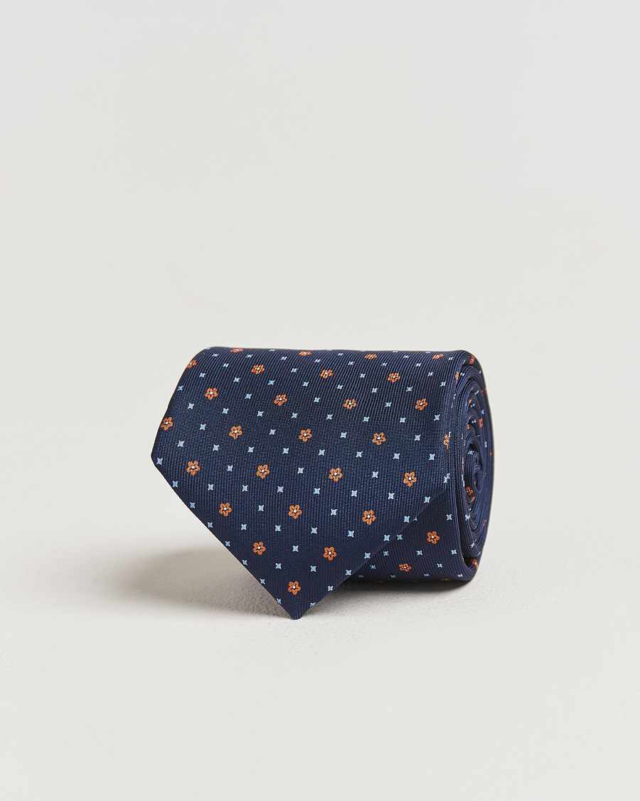 Herren | E. Marinella 3-Fold Printed Silk Tie Navy/Orange | E. Marinella | 3-Fold Printed Silk Tie Navy/Orange