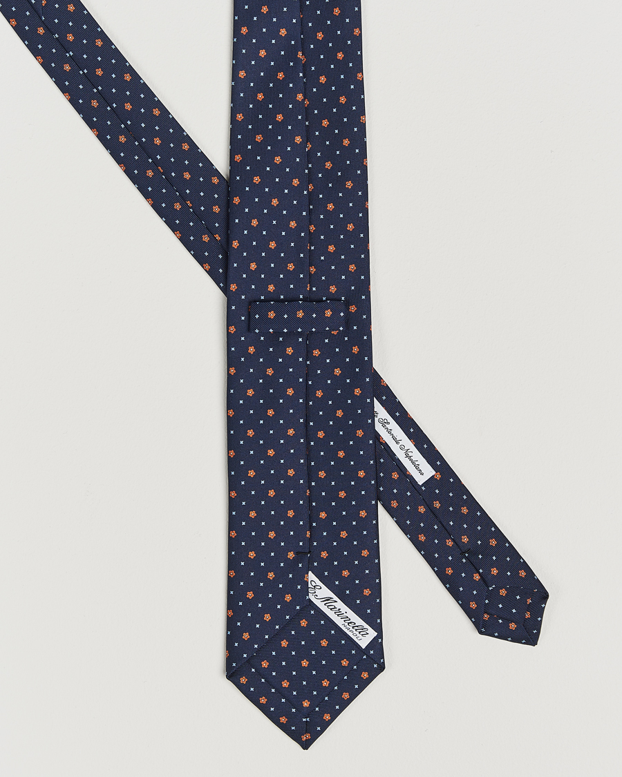 Herren | E. Marinella 3-Fold Printed Silk Tie Navy/Orange | E. Marinella | 3-Fold Printed Silk Tie Navy/Orange