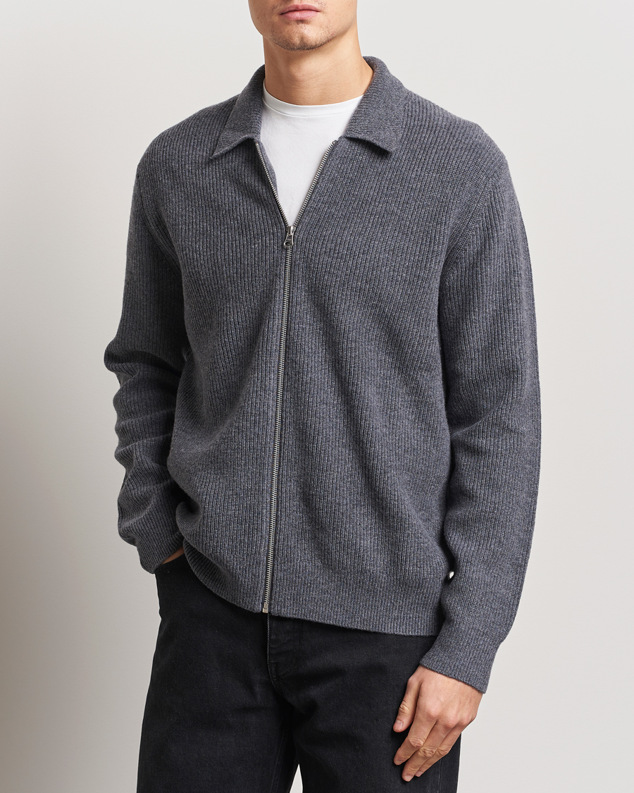 Herren | Pullover | Samsøe Samsøe | Saisaks Merino Rib Knitted Full Zip Charcoal