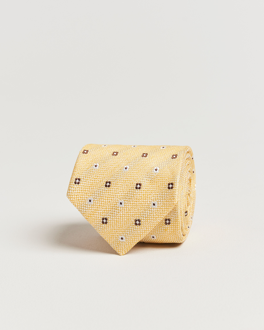 Herren | Amanda Christensen Silk/Linen Printed Flower 8cm Tie Yellow | Amanda Christensen | Silk/Linen Printed Flower 8cm Tie Yellow