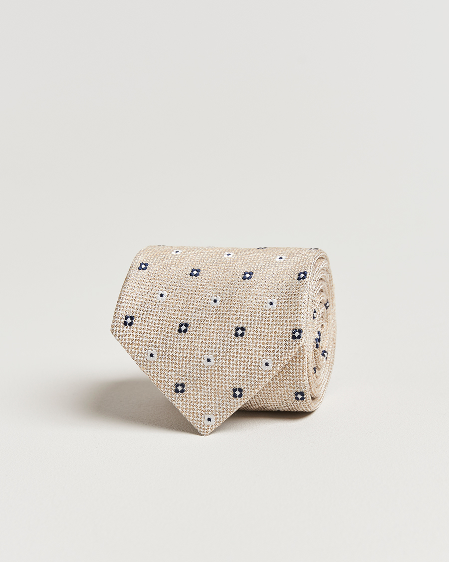 Herren | Amanda Christensen Silk/Linen Printed Flower 8cm Tie Sand | Amanda Christensen | Silk/Linen Printed Flower 8cm Tie Sand