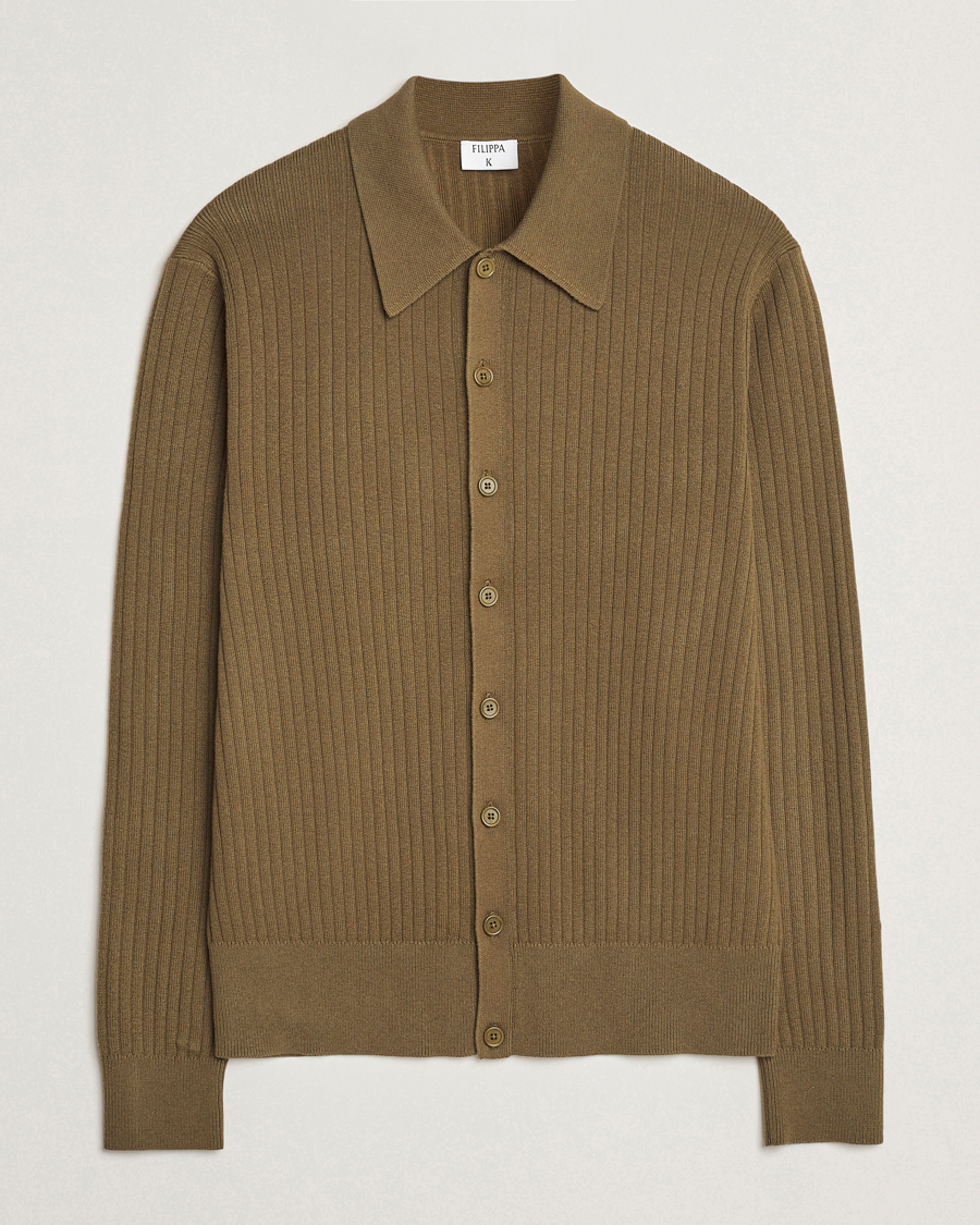 Herren | Pullover | Filippa K | Cotton Merino Ribbed Knitted Cardigan Olive Green