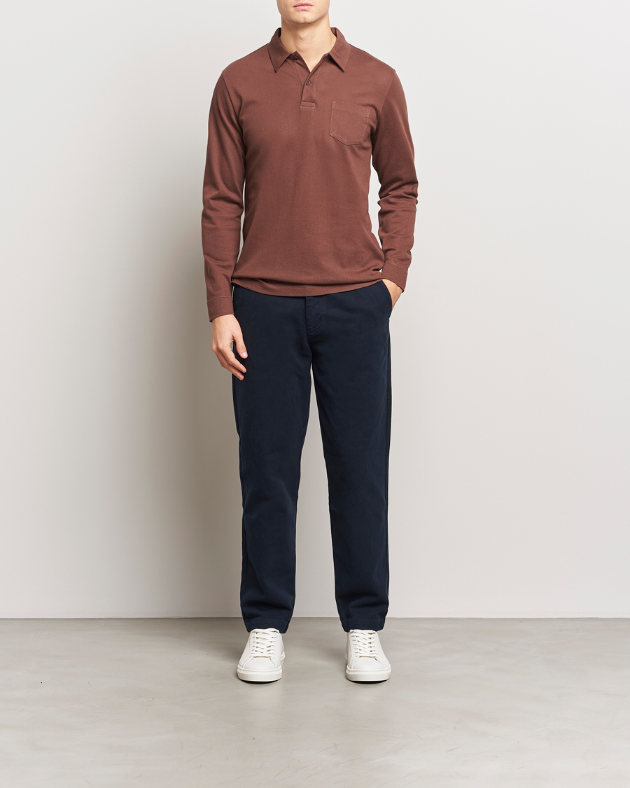 Herren | Pullover | Sunspel | Long Sleeve Riviera Polo Shirt Cocoa Brown