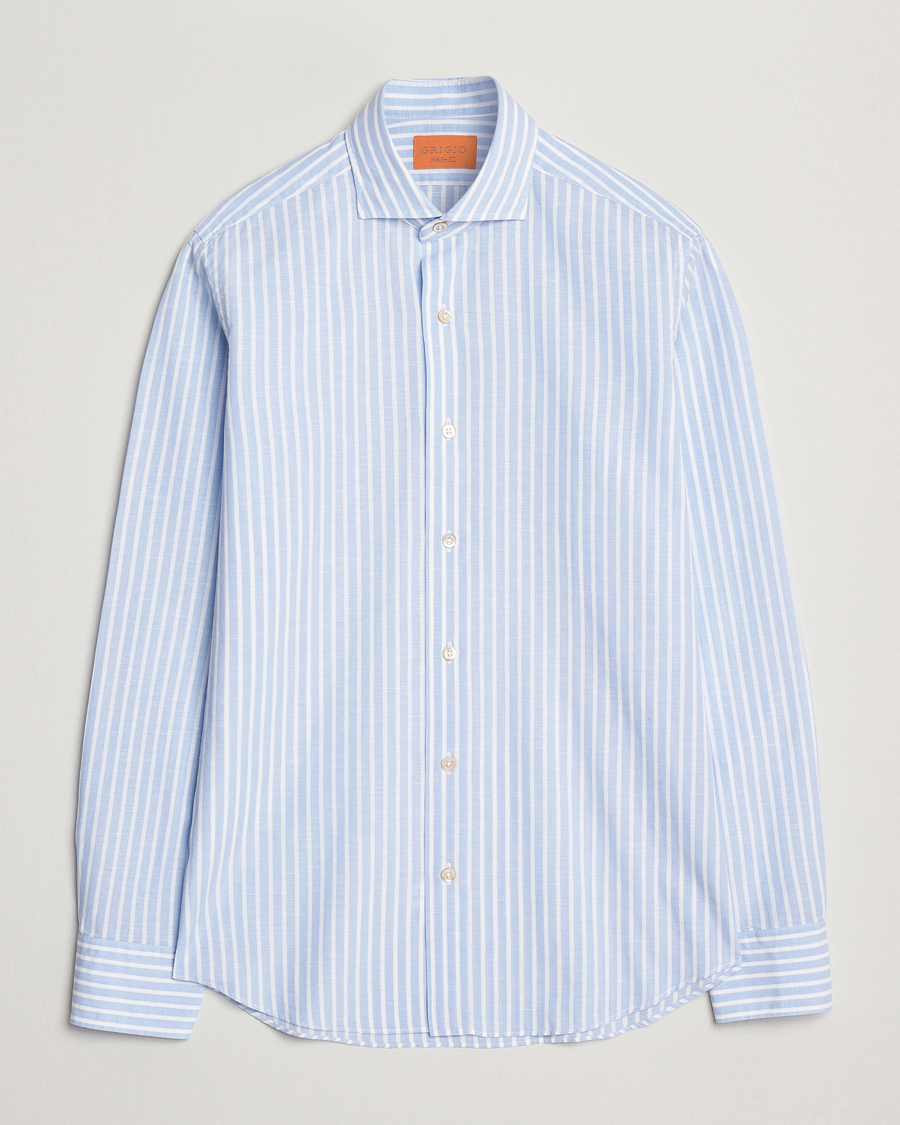 Herren | Hemden | Grigio | Cotton Linen Casual Shirt Light Blue Stripe